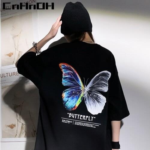 CnHnOH Hip Hop Oversize T Shirt Men Streetwear Harajuku Color Butterfly Tshirt Short Sleeve Polyester Loose HipHop T-Shirt A33