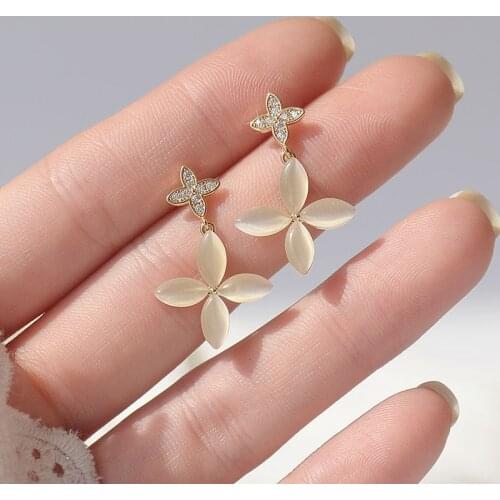 Romantic 14K Real Gold Opal Flower Stud Earrings Japanese&Korea Delicate Jewelry Zircon Delicate Earrings