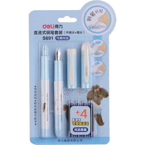 Deli Student Calligraphy Fountain Pen 4pcs Erasable Blue Ink Sacs Two Size Writing Pen Set School Office Supplies Stationery