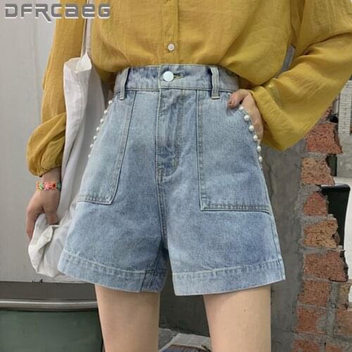 Summer 2020 New Wide Leg Loose Denim Shorts For Women Big Pockets Beaded High Quality Lady Short Jeans Streetwear Short Femme