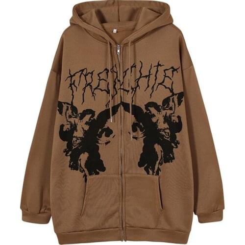 Harajuku Y2k Punk Oversized Hooded Sweatshirt 2021 Vintage Angel Printed Zip Up Punk Sweatshirt Brown Jacket Outwear Streetwear