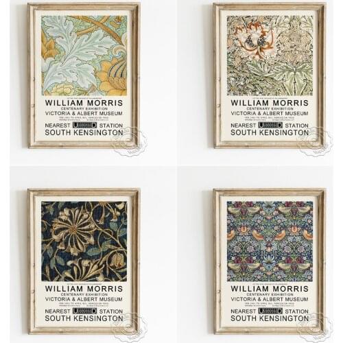William Morris Fabrics Pattern Collection Exhibition Poster, Honeysuckle Flora Shape Wall Stickers, Vintage Art Room Home Decor
