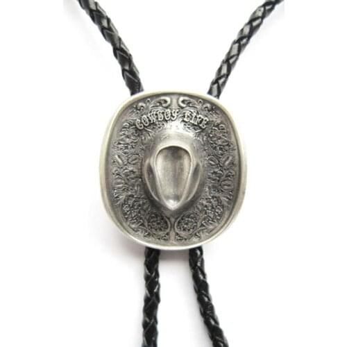 New Silver Plated Cowboy Boots Cap Western Wedding Bolo Tie Neck Tie Leather Necklace also Stock in US