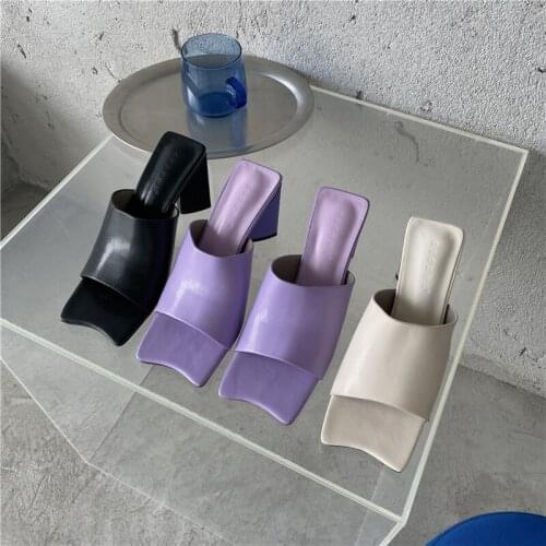 Square Toe Ladies Slippers Purple Shoes Woman Black Shoes Thick High Heels Casual Slides Mules Shoes Woman Party Pumps Size 39