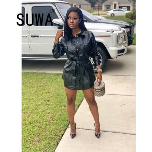 Plus Size Classic PU Leather Mini Dress Long Sleeve Bandage Fall Winter Clothing Women Fashion Streetwear Sexy Club Jacket Top