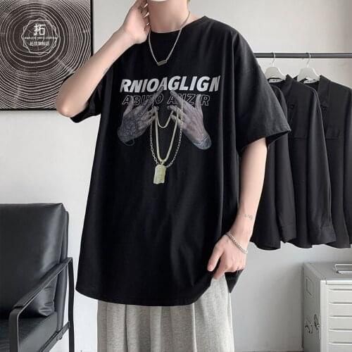 #1048 Black Gray Print Harajuku Tee Shirt Homme Hip Hop T Shirt Men Short Sleeves Fashion Summer Thin Cotton Casual Loose Tops