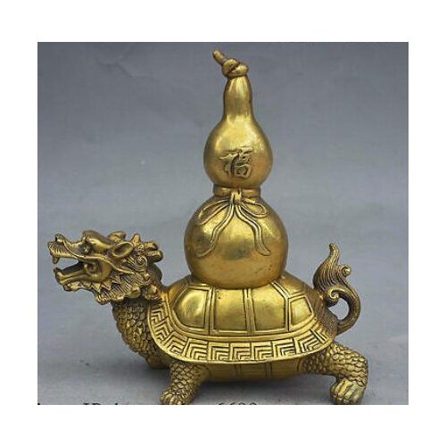8" Folk China FengShui Brass JiXiang Lucky Dragon Turtle Carry Fu Gourd Statue