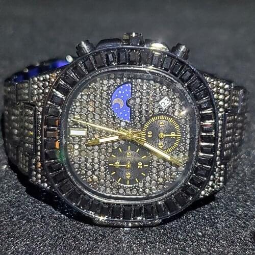 Hip Hop MISSFOX Fully Iced Out Watch Men Baguette Diamond Gold Steel Mens Watches Top Brand Luxury Waterproof Quartz Wristwatch