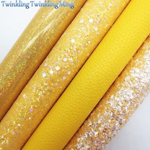 YELLOW Glitter Fabric,Glitter Faux Leather, Litchi Synthetic Leather Fabric Sheets For Bow A4 21x29CM Twinkling Ming XM690