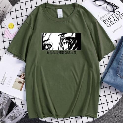 Spring Summer Mens T shirts loose soft tops Black White Melancholic Girl Eyes Manga print T-shirts large size Man Tees shirts