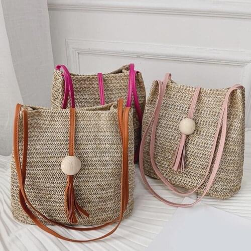 Hot!!! Womens Straw Weave Handbag Wooden Ball Tassel Tote Summer Beach Shoulder Bag