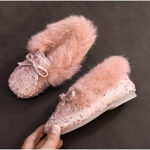New girls warm flat loafer fur shoes sweet winter furry 3D glitter flats home school Christmas princess dance shoe black peachy