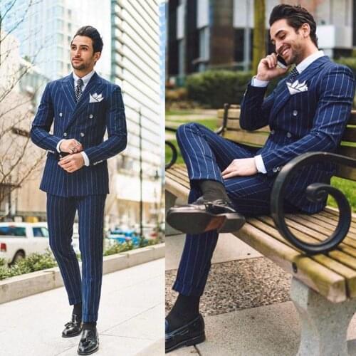 2020 Newest Mens Suits Polyester Blend 2 Piece (Coat+Pants) Peaked Lapel Terno Masculino Double-Breasted Striped Suit Slim Fit