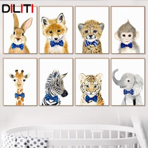 Watercolor Woodland Animal Nursery Wall Art Giraffe Monkey Rabbit Elephant Zebra Canvas Painting Picture for Baby Boy Room