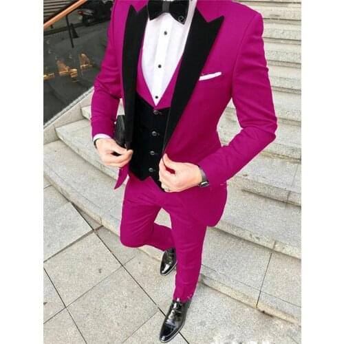 Brand New Men Suits Hot Pink and Black Groom Tuxedos Peak Lapel Groomsmen 3 Pieces Set ( Jacket+Pants+Vest+Bow Tie ) D329