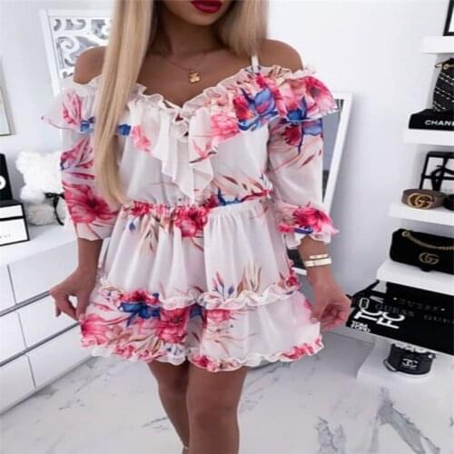 New Fashion Women Dress for Party Streetwear Rullfes Decor Sling Short Sleeve Flower Print Mini Lady Summer Slim Strapless Dress