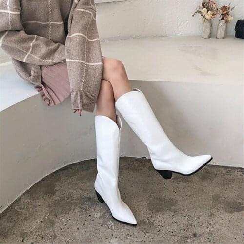 Autumn New Pointed Toe Knee High Boots Leather Thick Heel Knight Boots High Heels High Tube Botas Mujer Winter Shoes Women