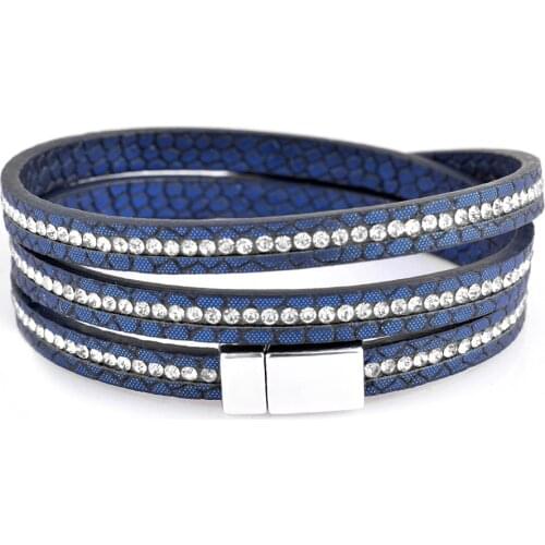 Kirykle 2021 New Fashion Simple Style Multilayer Wrap Inlay Rhinestones Leather Bracelet High Quality Magnet Bracelets for Women