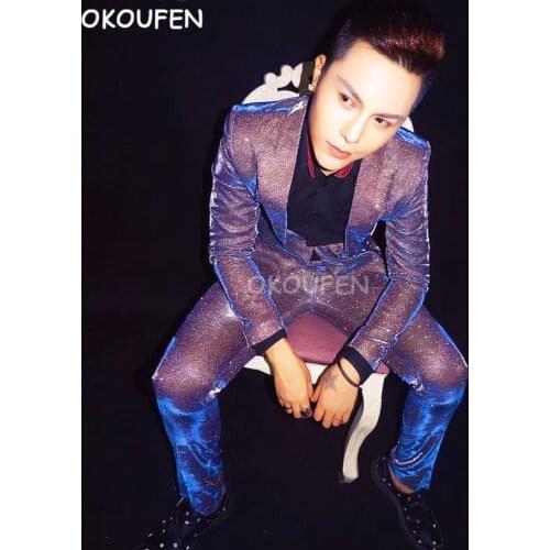 New Male DJ singer GD BIGBANG light Violet Slim Suit costumes Personality gradient flash powder suit party show stage wear