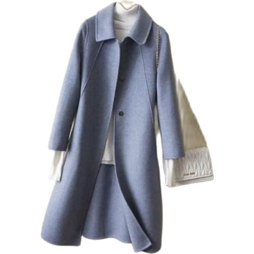 Autumn Winter New Womens 100% Wool Coat Double-Sided Cashmere Outerwear Long Loose Elegant Office Lady Single-Breasted Clothes