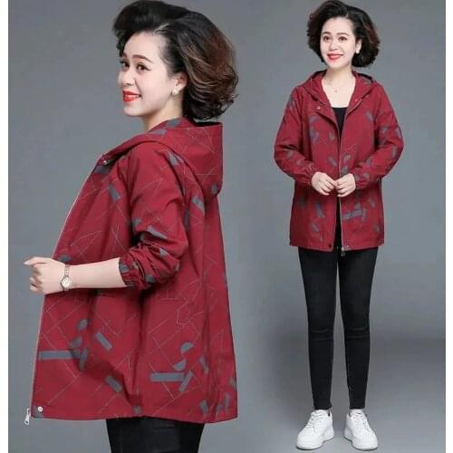 Plus Size L-5XL Middle-aged Women Jacket 2021Spring Fall Hooded Windbreaker Coat Casual Loose Mid-length Mother Overoat W2320
