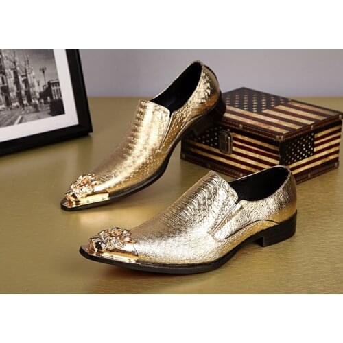 Luxury Brand Italian Shoes Men Leather Loafers Gold Steel Toe Metallic Mens Shoes High Heels Snake Skin Dress Wedding Shoes