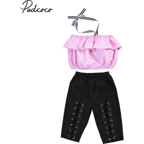 Pink Summer 2Pcs Kids Girl Halter Tops Shirt Elastic Bandage Pants Outfits Set Clothes Children Sleeveless Clothing 1-6T
