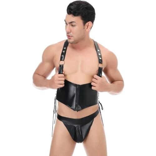 Men Sexy Lingerie Set Black Faux Leather Zipper Sexy Hot Erotic Game Catsuit Sex Underwear Clothes Porno Costumes
