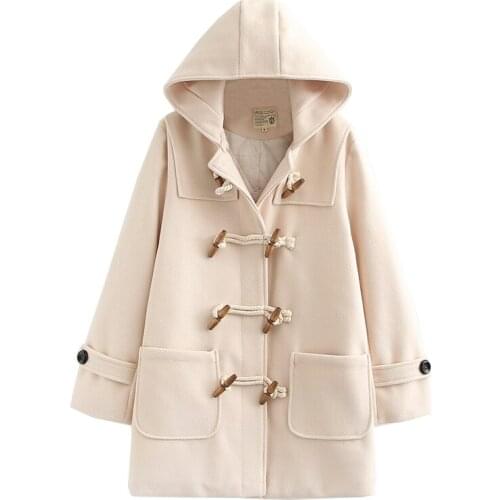 2021 Winter New Preppy Style Hooded Long Sleeve Horn Buckle Wool Coat Double Breasted Pocket Woolen Outwear Student Hooded Coats