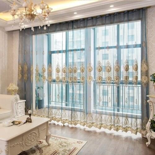 Modern Simple Vertical Curtain Embroidery Home Blue Translucent European Style Curtain