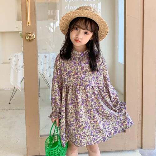 Girls Spring Dress 2021 New Childrens Dress Skirt Childrens Long-sleeved Floral Skirt Baby Fashion Chiffon Skirt Trend