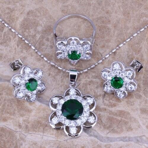 Impressive Green Cubic Zirconia White CZ Silver Plated Jewelry Sets Earrings Pendant Ring Size 6 / 7 / 8 / 9 / 10 S0164