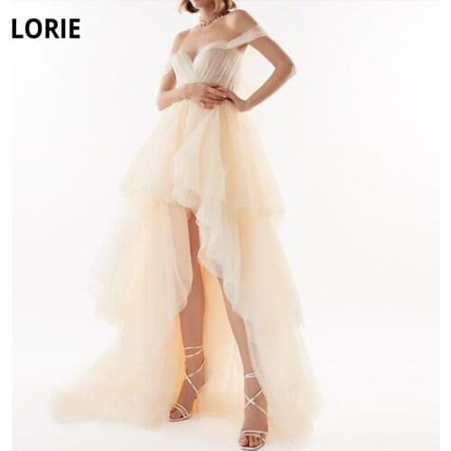 LORIE Champagne Prom Dresses Off the Shoulder Pleats Tered High Low Tulle Evening Gown Party Dress for Graduation 2021