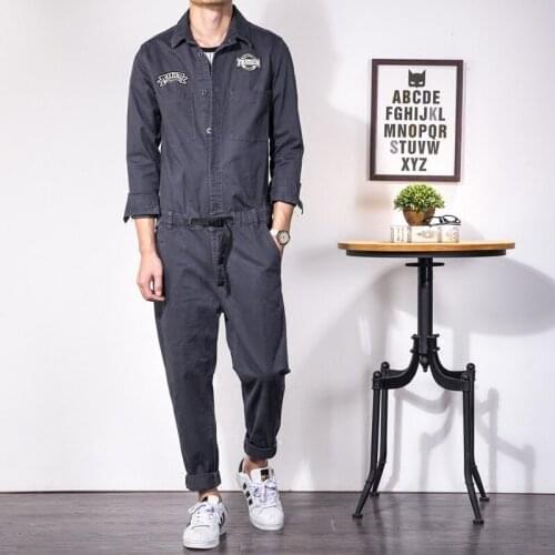 Japanese Vintage Cargo Pants Men Dark Gray Washed Jumpsuit Mens Full Length Badge Single Breasted Overalls Trouser