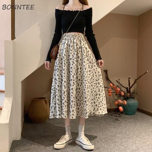 Skirts Women Floral All-match Fashion Folds Aesthetic Elegant Elastic Waist Simple Students Chiffon Ladies Causal A-line Ulzzang