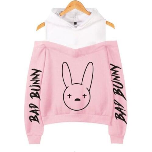 Rapper Bad Bunny Women Sweatshirts Hoodies Newest Hip Hop Long Sleeve Sexy Off Shoulder Fleece Hooded Jacket Sudadera Mujer