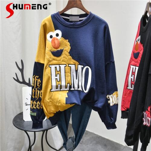 2021 Spring Retro Cartoon embroidered Hoodie Women Long Sleeve Terry Cotton Casual Loose Pullover Hoodie Coat Student Sweatshirt
