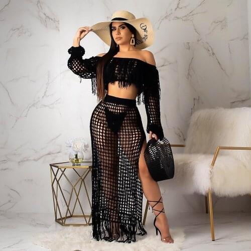 2 Piece Skirt Set Women Fishnet Tassel Hollow Out Long Sleeve Crop Top + Maxi Skirt Elegant Club Party Vacation Bodycon Outfits