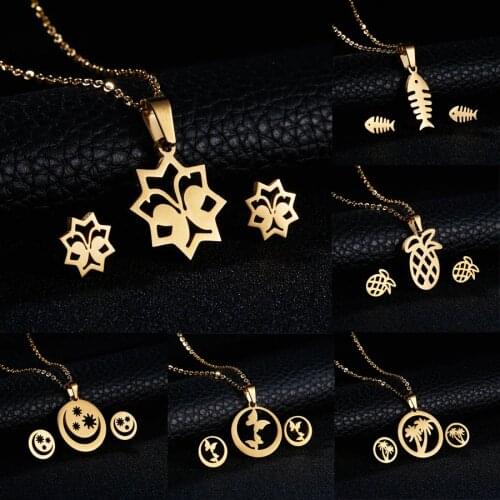 Charms Jewelry Set Animal Plant Butterfly Wedding Jewelry Women Gold-Color Jewelry Stainless Steel Necklace Stud Earrings Set