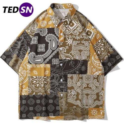 2021 Summer Hawaiian Shirts Streetwear Hip Hop Harajuku Casual Tropical Holiday Tops Splicing Bandana Pattern Print Beach Shirt