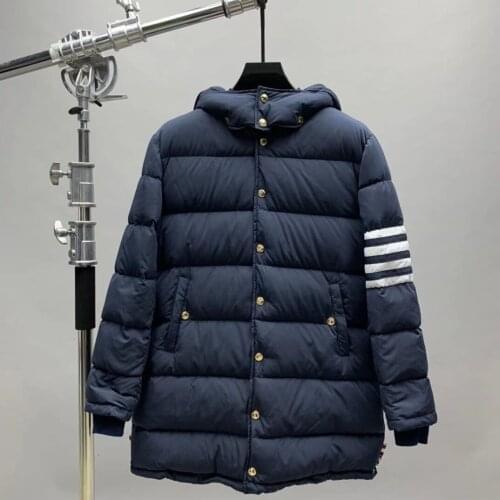2021 Fashion Brand Men Down Coats Slim Fit Hooded Long Down Jacket Striped Solid Thick Casual Winter Clothing