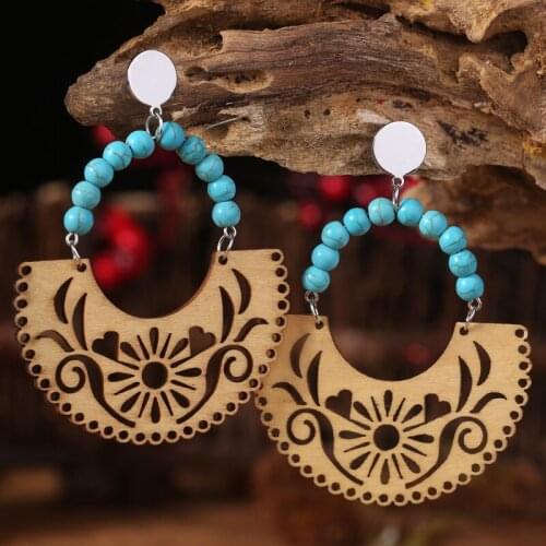 Turquoise wood hollow pattern Earring Bohemian Metal Retro Vintage Statement Geometric Trend Originality Earrings