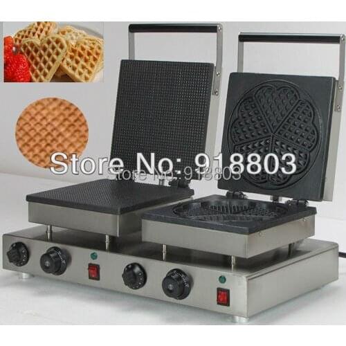 Doulbe-Head 220v Electric Ice Cream Cone + Heart Shape Waffle Maker Machine Baker