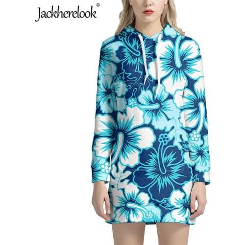 Jackherelook Loose Long Hoodies Dresses for Teen Girls Blue Hawaiian Hibiscus Pattern Women Drawstring Sweatshirt Sudadera Mujer