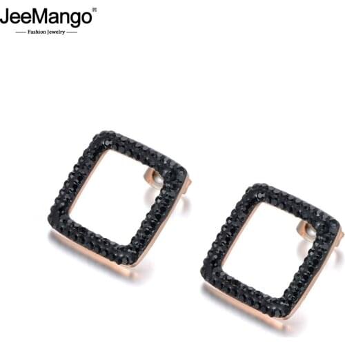 JeeMango Trendy Stainless Steel Jewelry White/Black Clay Cystal Stud Earrings Rose Gold Square Shape Christmas Gift JE18457