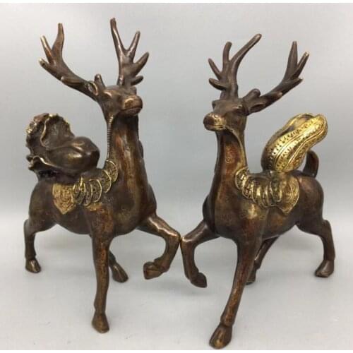 China brass archaize cabbage peanuts Sika deer crafts statue A pair
