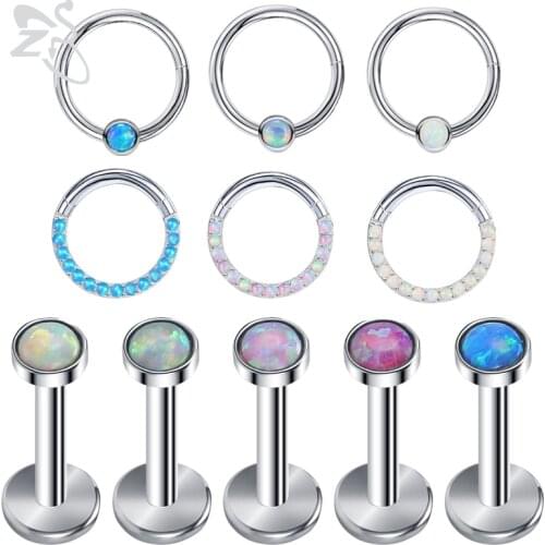 ZS 1PC Stainless Steel Hoop Nose Ring for Women Blue Opal Round Septum Clicker Ear Tragus Cartilage Daith Piercing Jewlery 16g