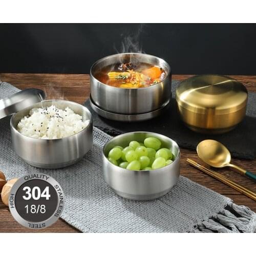 304 Korean Stainless Steel Double Rice Bowl With Lid Soup Bowl Steamed Rice Bowl Anti-Scalding Child Small Bowl Korean Cuisine