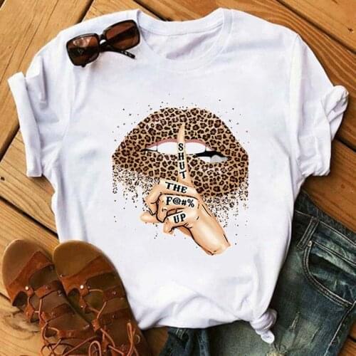 Summer Fashion Shirt Lips Leopard Graphic T Shirt Women Tops Base O-neckBlack Tees Kiss Leopard Lip Funny Girls Tshirt
