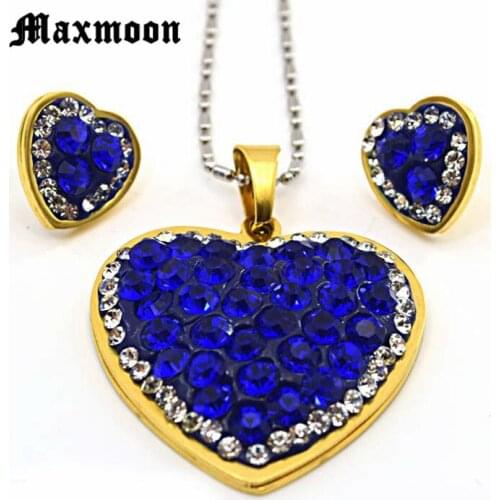 Maxmoon Gold heart-shaped Jewelry Blue mud Zirconia Stainless Steel Necklace Earring Sets Wedding jewelry gift
